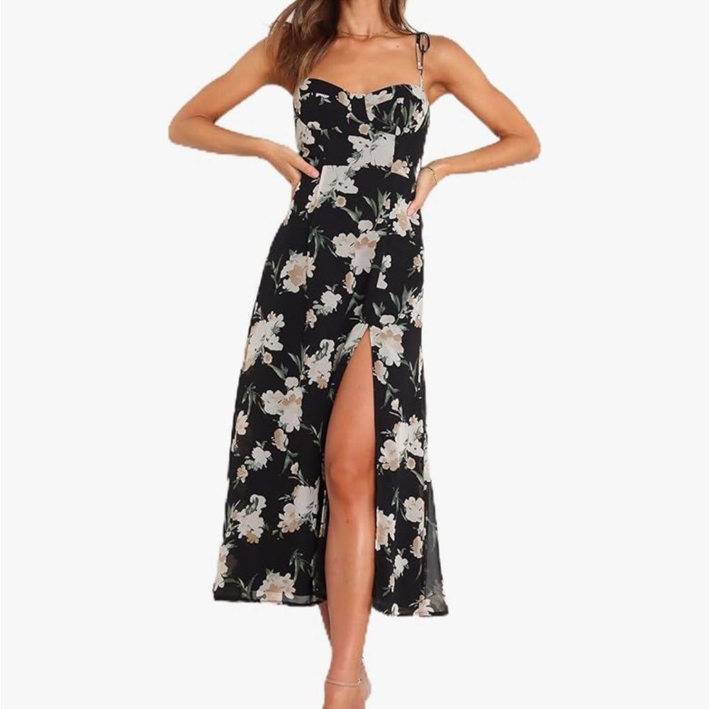Floral Black Midi dress with Slit